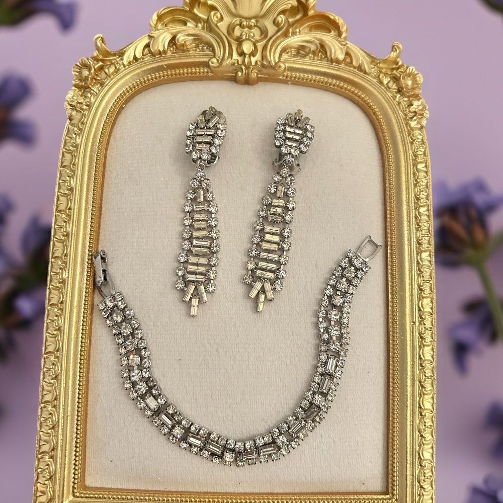 Beautiful Rhinestone Bracelet and Clip Earrings